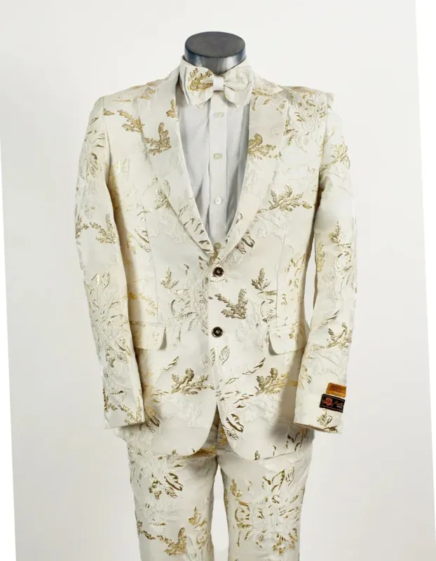 Mens 2 Button White with Gold Foil Floral Paisley Prom and Wedding Tuxedo sold by Alberto Nardoni