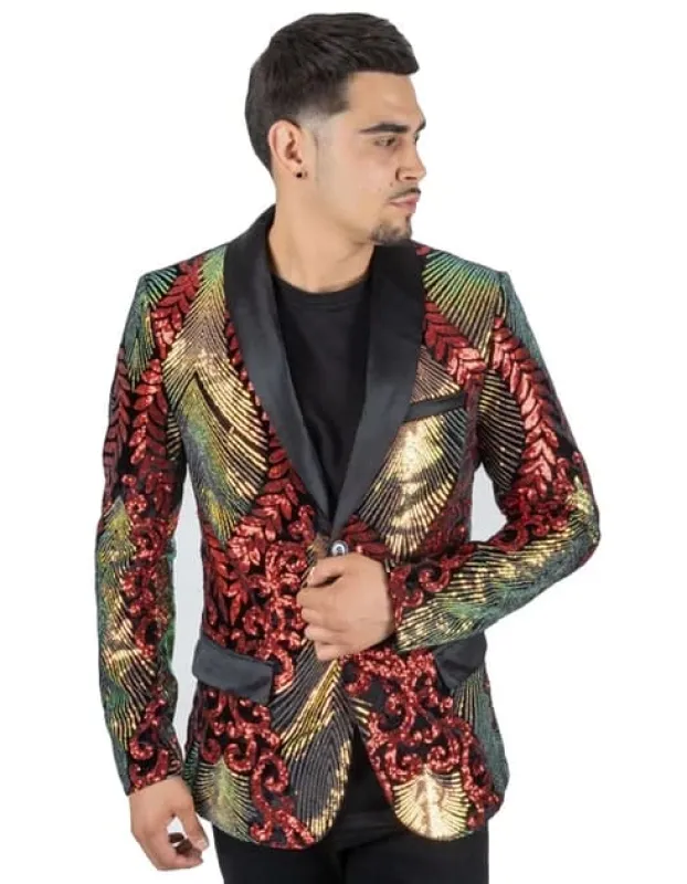 Mens Red & Gold Paisley Sequin Prom Blazer Two Button Tuxedo sold by Alberto Nardoni