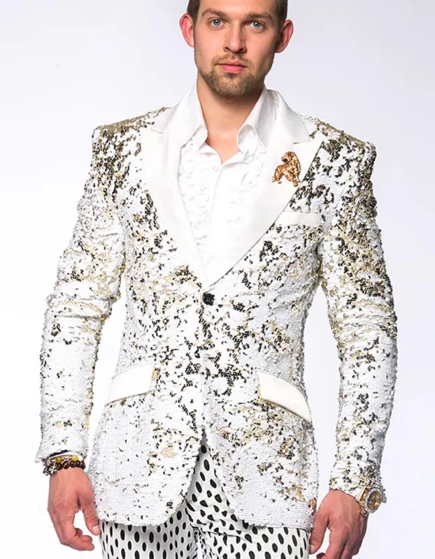 Mens White and Gold Reversible Sequin Prom and Wedding Two Button Blazer sold by Alberto Nardoni