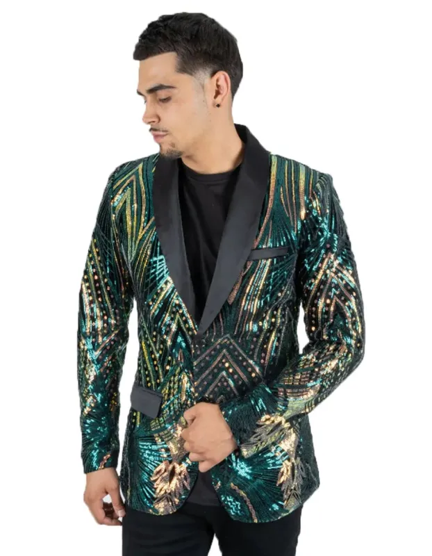 Mens Emerald Green & Gold Linear Sequin Prom Shawl lapel Blazer Tuxedo made by Alberto Nardoni