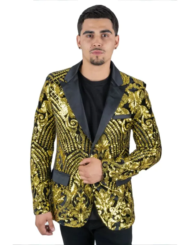 Mens Black & Gold Paisley Sequin Prom Blazer Tuxedo sold by Alberto Nardoni