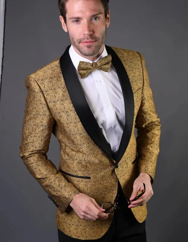 Mens Geometric Lace Pattern Gold Tuxedo sold by Alberto Nardoni