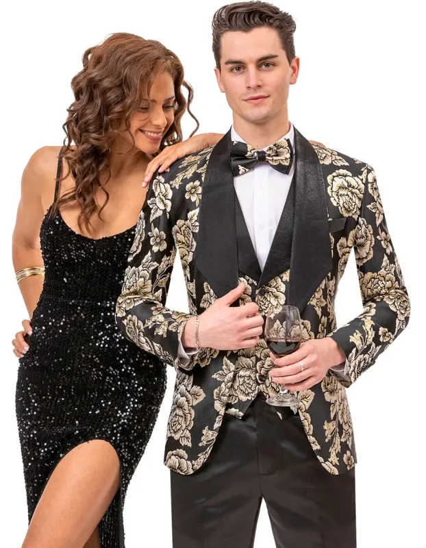 Mens Vested Paisley Prom & Wedding Black and Gold Tuxedo made by Alberto Nardoni