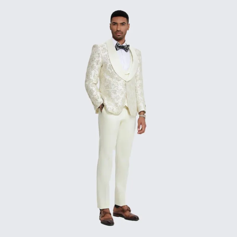 Gold Suit For Prom - Gold Blazer + Matching Pants + Men's Ivory and Gold Tuxedo with Textured Floral Design- Wedding - Prom sold by Alberto Nardoni