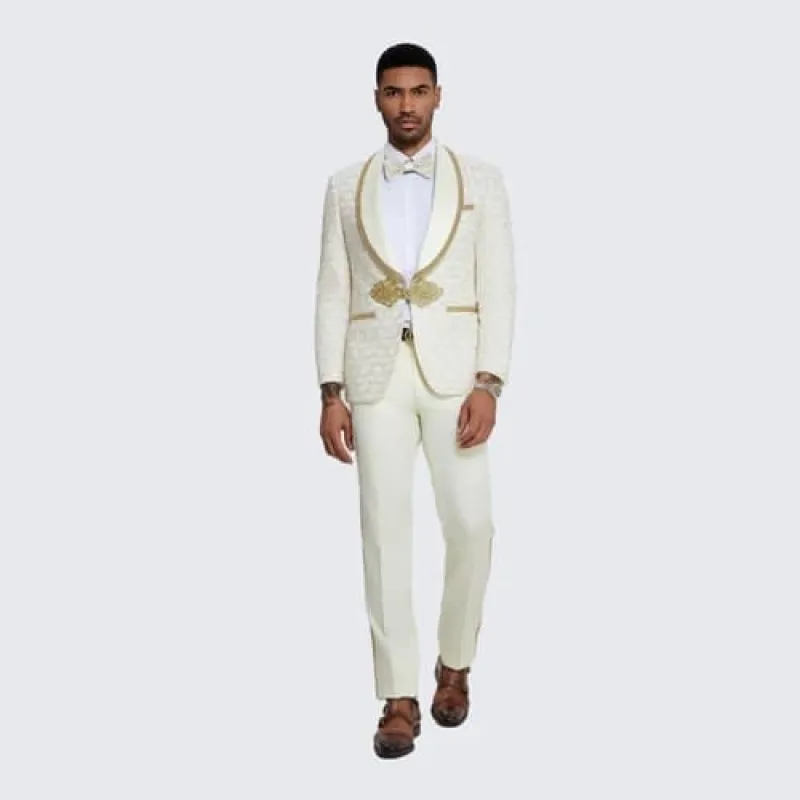 Gold Suit For Prom - Gold Blazer + Matching Pants + Ivory Tuxedo with Gold Textured Swirl Pattern - Wedding - Prom sold by Alberto Nardoni