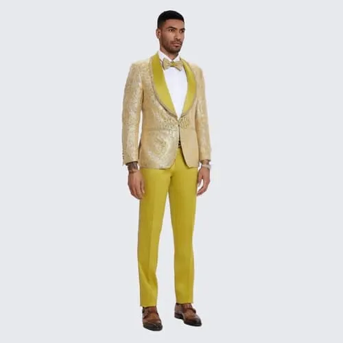 Gold Suit For Prom - Gold Blazer + Matching Pants + Men's Yellow Tuxedo with Gold Textured Paisley Design- Wedding - Prom sold by Alberto Nardoni