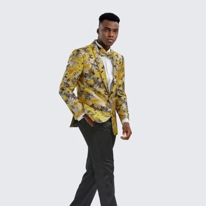 Gold Suit For Prom - Gold Blazer + Matching Pants + Gold Floral Tuxedo Jacket Slim Fit - Wedding - Prom sold by Alberto Nardoni