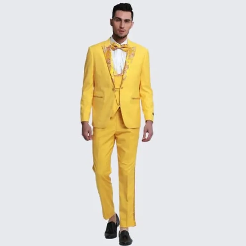Gold Suit For Prom - Gold Blazer + Matching Pants + Yellow Tuxedo with Floral Pattern Peak Lapel 4-Piece Set - Wedding - Prom sold by Alberto Nardoni