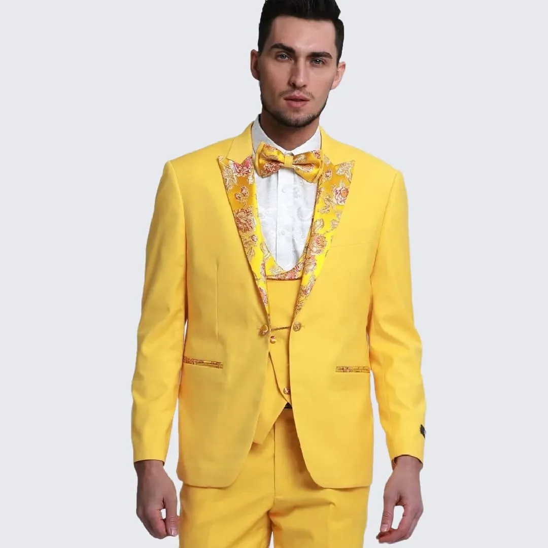 Gold Suit For Prom - Gold Blazer + Matching Pants + Yellow Tuxedo with Floral Pattern Peak Lapel 4-Piece Set - Wedding - Prom sold by Alberto Nardoni product image thumbnail 2