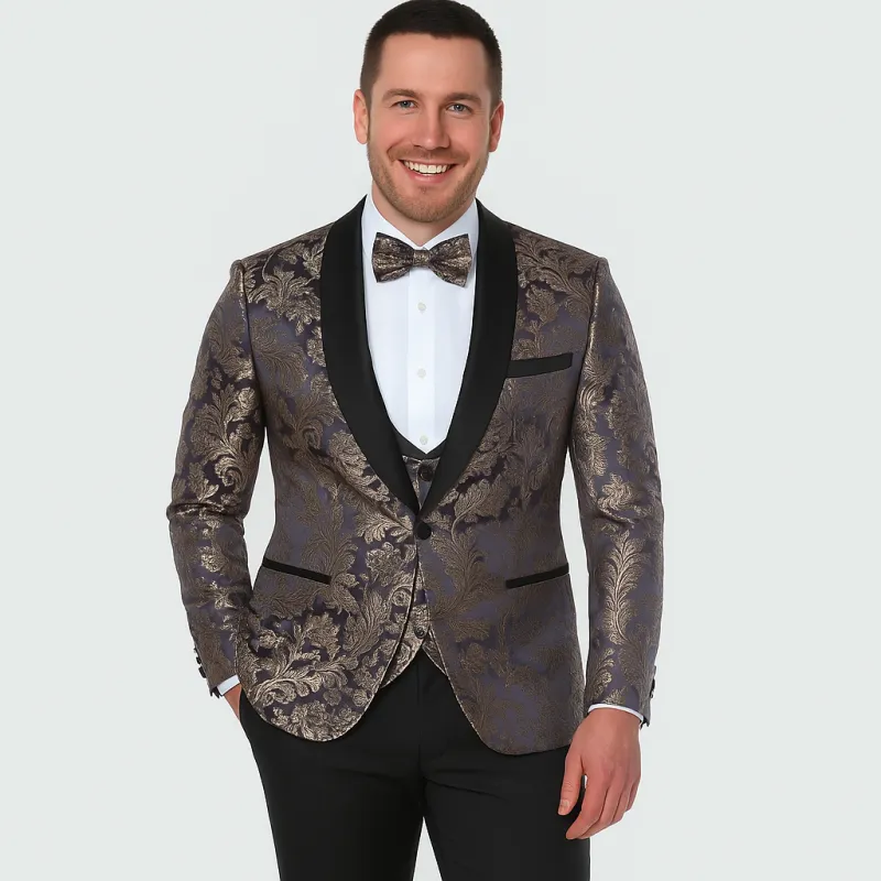 Gold Suit For Prom - Gold Blazer + Matching Pants + Blue Tuxedo with Gold Pattern Four Piece Set - Wedding - Prom sold by Alberto Nardoni