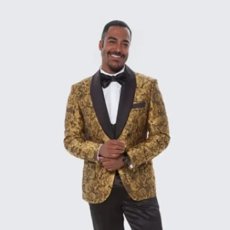 Gold Suit For Prom - Gold Blazer + Matching Pants + Gold Tuxedo with Floral Design Four Piece Set - Wedding - Prom sold by Alberto Nardoni
