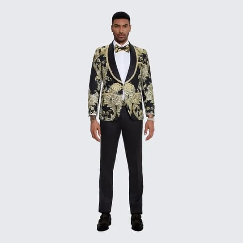 Gold Suit For Prom - Gold Blazer + Matching Pants + Men's Black Tuxedo with Gold Textured Paisley Design- Wedding - Prom sold by Alberto Nardoni