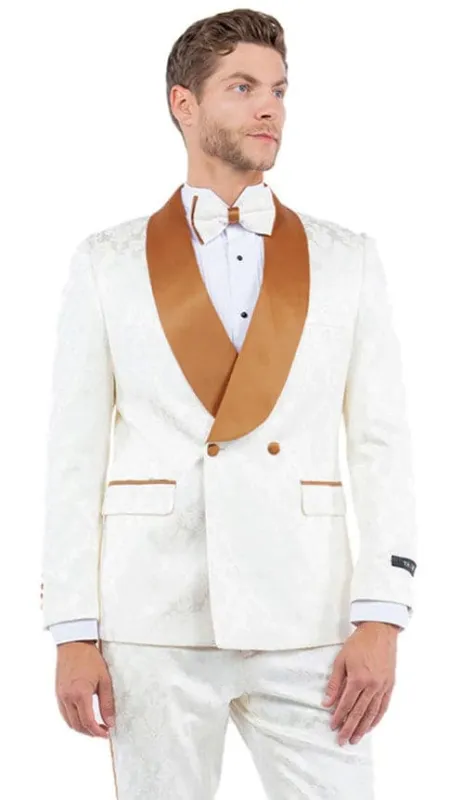 Mens Slim Fit Double Breasted Paisley Ivory and Rust Prom and Wedding Tuxedo sold by Alberto Nardoni