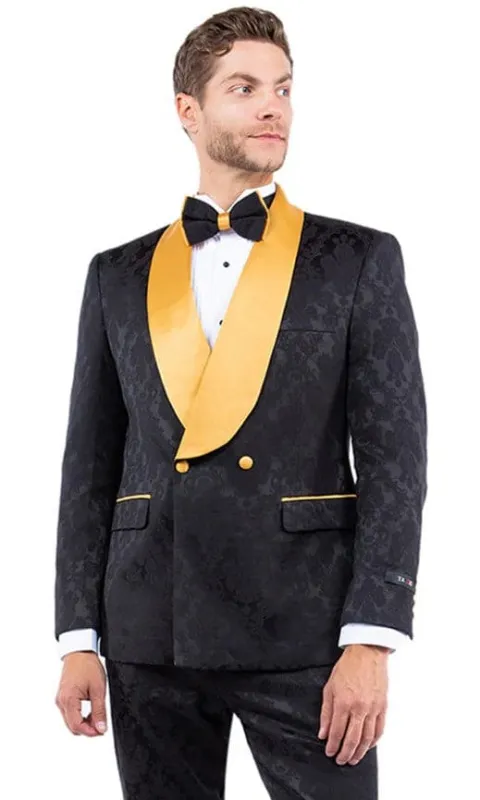 Mens Slim Fit Double Breasted Paisley Black and Gold Prom and Wedding Tuxedo made by Alberto Nardoni
