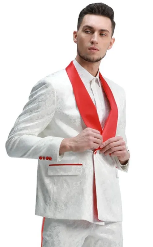 Mens Slim Fit Double Breasted Paisley Shawl Collar Prom and Wedding Tuxedo White and Red sold by Alberto Nardoni