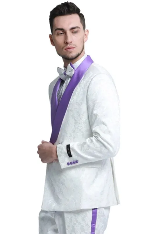 Mens Slim Fit Double Breasted Paisley White and Purple Prom and Wedding Tuxedo sold by Alberto Nardoni