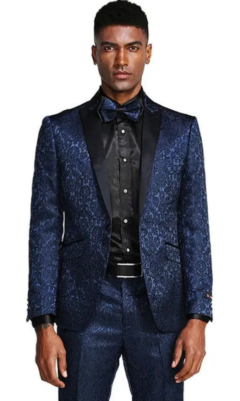 Mens One Button Slim Fit Paisley Wedding and Navy Blue Prom Tuxedo made by Alberto Nardoni