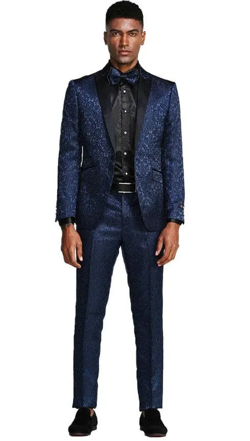 Mens One Button Slim Fit Paisley Wedding and Navy Blue Prom Tuxedo sold by Alberto Nardoni product image thumbnail 2