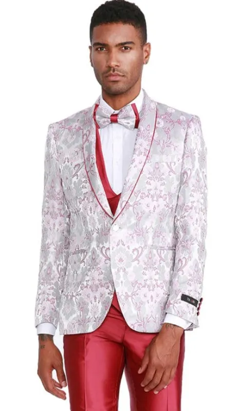 Mens One Button Vested Floral Print Prom and Wedding Tuxedo Pink Satin Vest and Pants sold by Alberto Nardoni