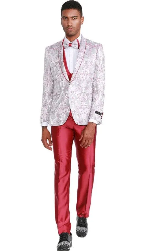 Mens One Button Vested Floral Print Prom and Wedding Tuxedo Pink Satin Vest and Pants sold by Alberto Nardoni product image thumbnail 2