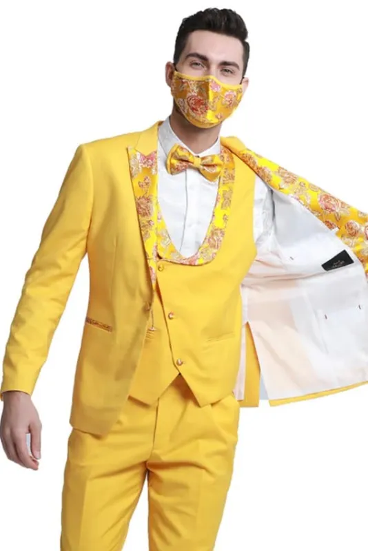 Mens One Button Vested Prom and Wedding Tuxedo Floral Peak Lapel Yellow Gold made by Alberto Nardoni