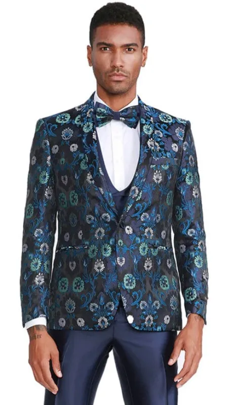 Mens One Button Vested Floral Print Prom and Wedding Tuxedo Navy Blue Satin Vest and Pants sold by Alberto Nardoni