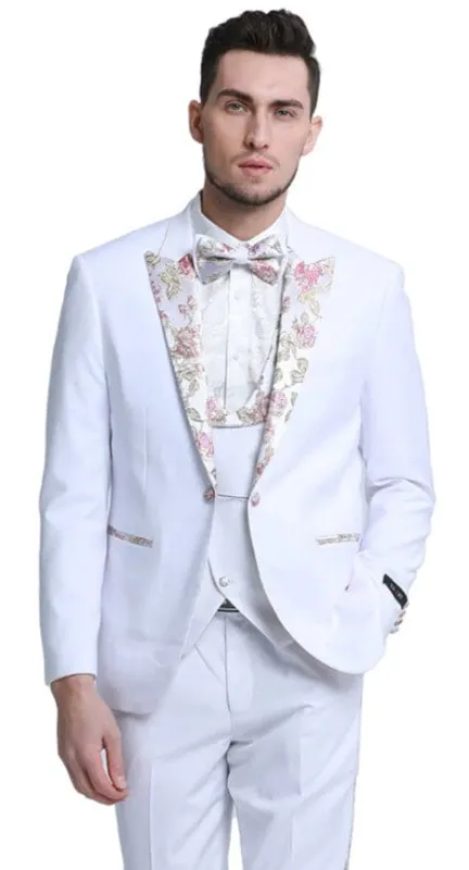 Mens One Button Vested Prom and Wedding Tuxedo in White with Floral Peak Lapel sold by Alberto Nardoni