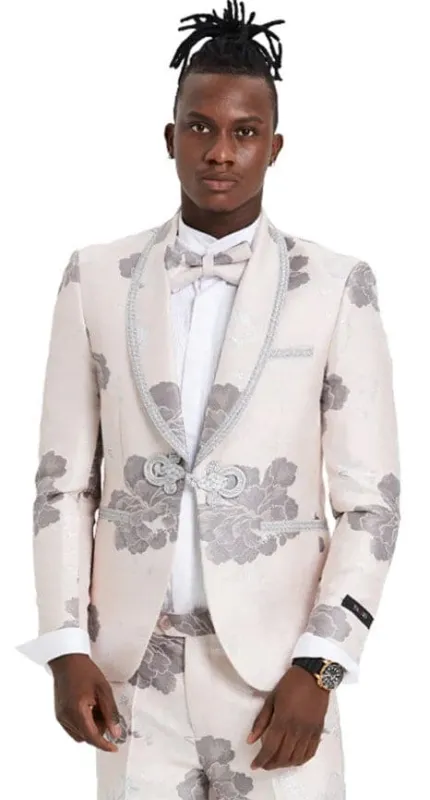 Mens One Button Vested Shawl Tuxedo Pink and Silver Floral Pattern made by Alberto Nardoni