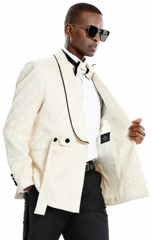 Mens Slim Fit Double Breasted Skinny Fit Prom and Wedding Tuxedo Champagne Tan Paisley sold by Alberto Nardoni
