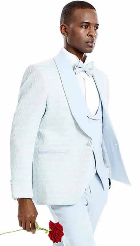 Mens One Button Solid Textured Vested Wedding and Prom Tuxedo in Sky Blue made by Alberto Nardoni