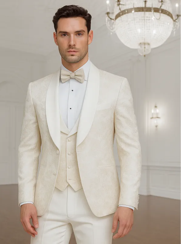 Mens Shawl Lapel Vested Wedding Prom Tuxedo in Ivory Off-white Gold Floral Paisley made by Alberto Nardoni