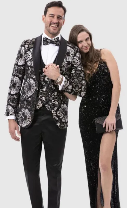 Mens Modern Vested Shawl Lapel White Gold Black Paisley Prom Tuxedo sold by Alberto Nardoni