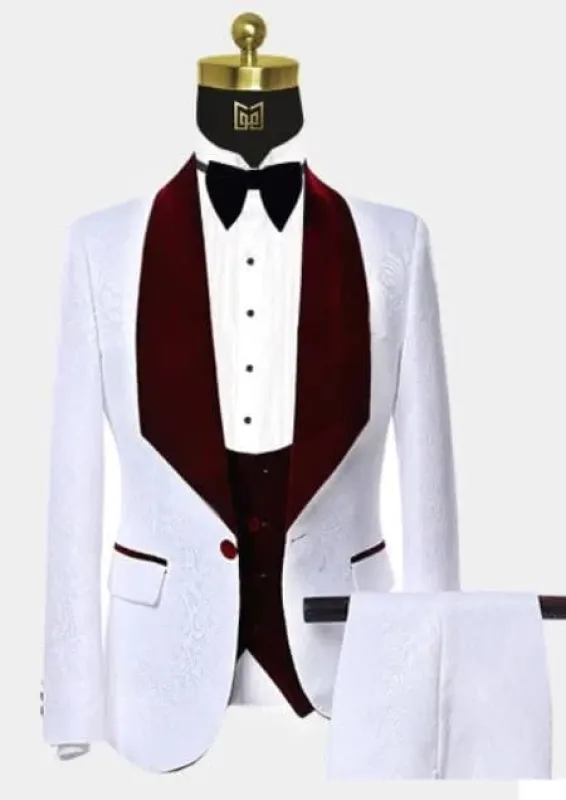 Men One Button Floral White and Burgundy Tuxedo – 3 Piece sold by Alberto Nardoni
