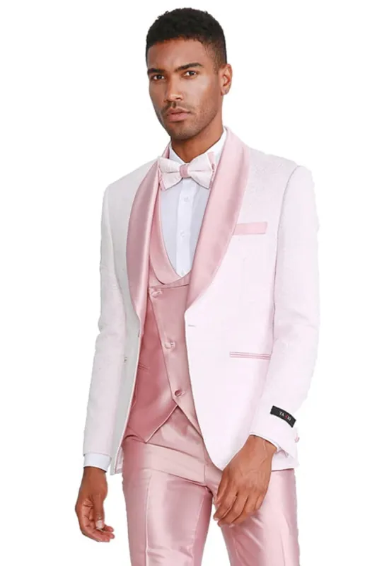 Mens One Button Prom and Wedding Tuxedo with Satin Vest and Pants in Pink sold by Alberto Nardoni