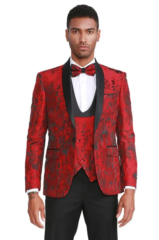 Mens Slim Fit One Button Shawl Lapel Prom Tuxedo in Red sold by Alberto Nardoni