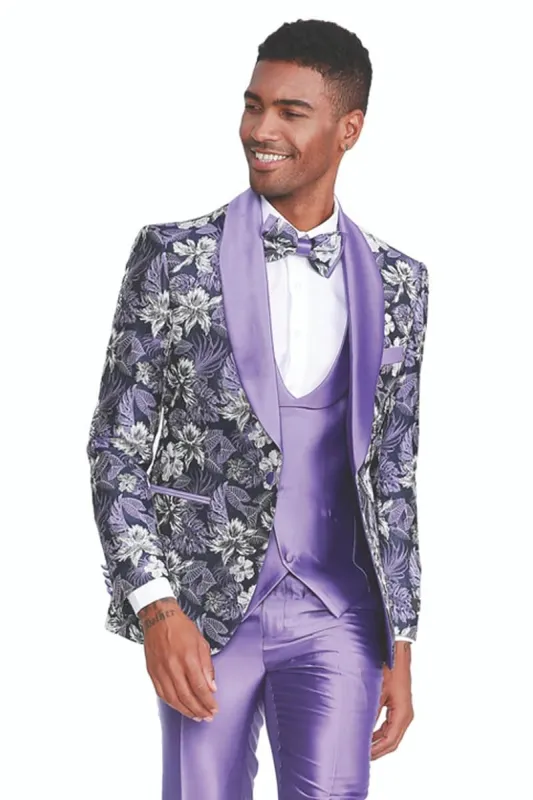Mens Slim Fit One Button Paisley Shawl Lapel Prom Tuxedo in Purple sold by Alberto Nardoni