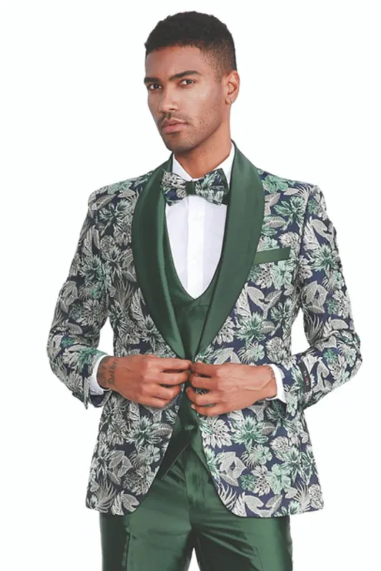 Mens One Button Vested Paisley Shawl Lapel Prom Tuxedo in Hunter Green sold by Alberto Nardoni