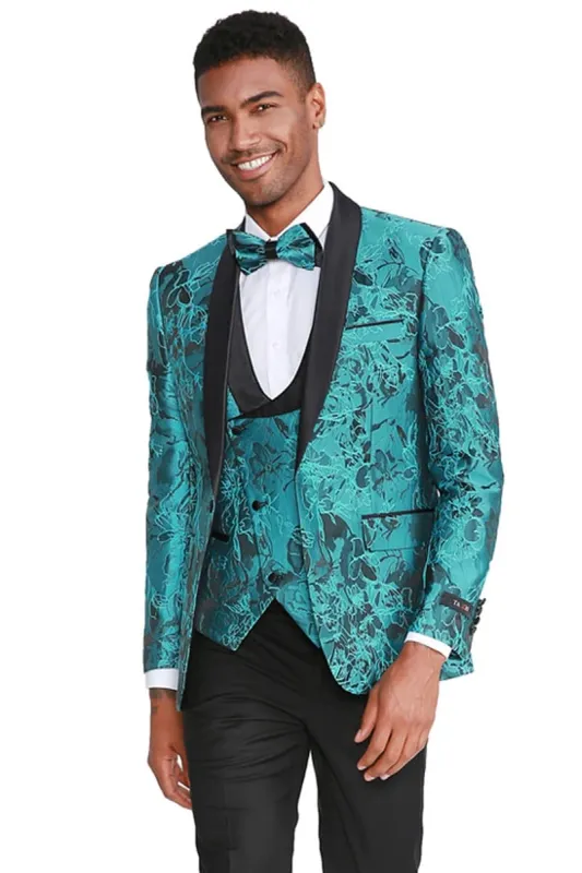Mens Slim Fit One Button Vested Shawl Lapel Prom Tuxedo in Turquoise sold by Alberto Nardoni
