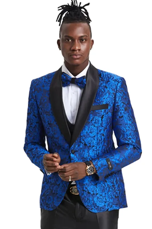Mens One Button Slim Fit Paisley Floral Vested Prom Tuxedo in Royal Blue and Black sold by Alberto Nardoni