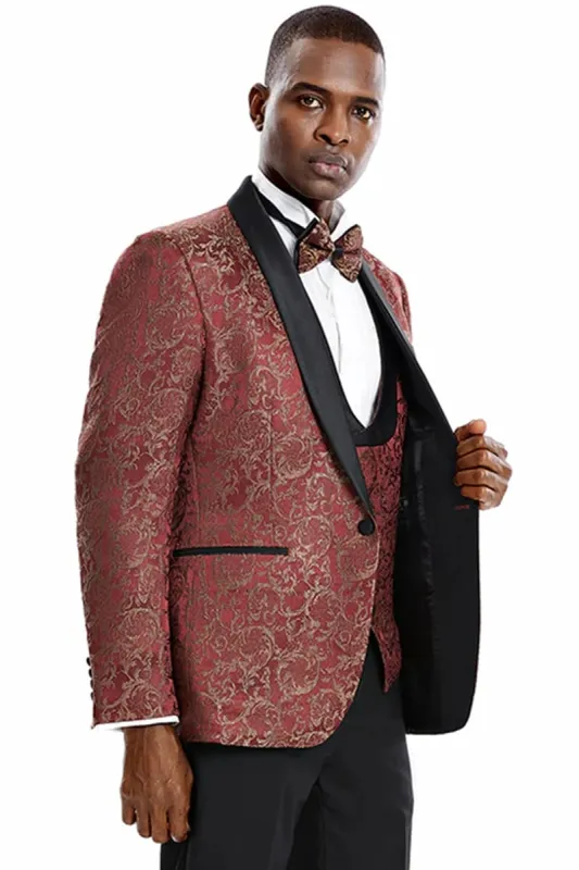 Mens One Button Vested Prom and Wedding Shawl Tuxedo in Red and Gold sold by Alberto Nardoni