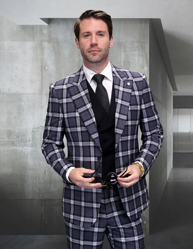 Statement Men's 3 Piece Modern Fit 100% Wool Suit - Windowpane Plaid sold by Alberto Nardoni