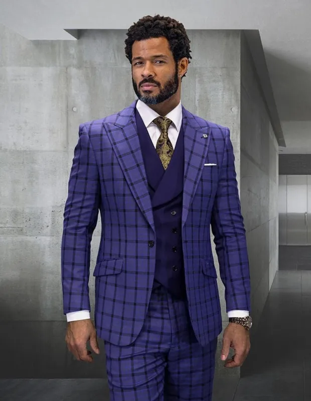 Statement Men's 3 Piece Modern Fit 100% Wool Suit - Plaid with Solid Vest sold by Alberto Nardoni