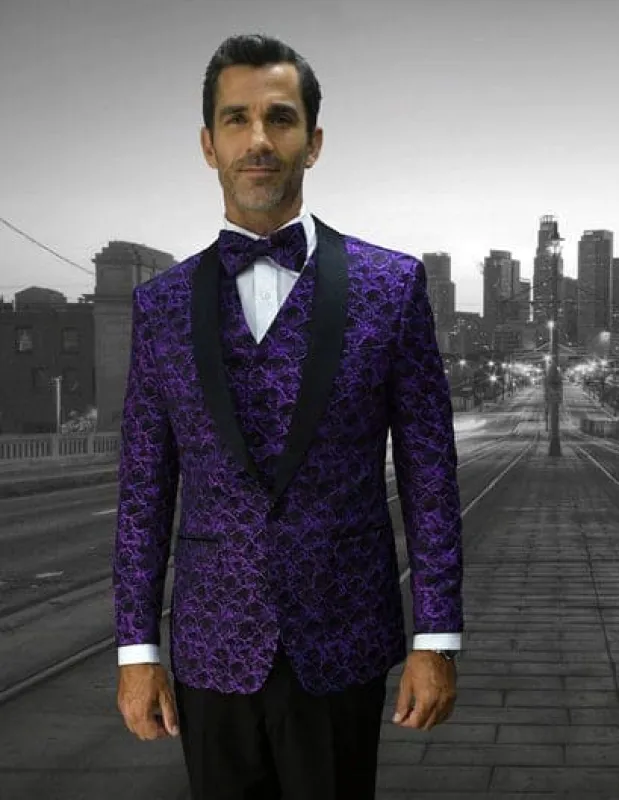 Mens Vested Floar Pattern Side Vents and Shawl Lapel Tuxedo in Purple sold by Alberto Nardoni
