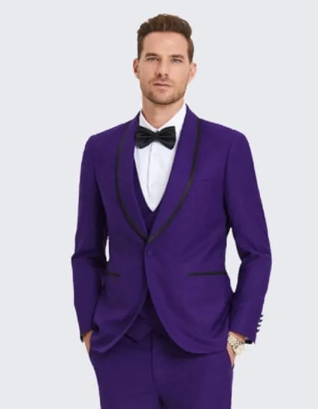 Mens Modern Fit Vested Shawl Tuxedo in Purple with Black Trim sold by Alberto Nardoni