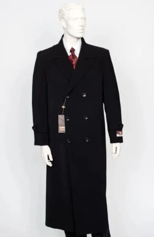 Mens Black Overcoat - Black Double Breasted Overcoat - Full length Black Topcoat in Australian Wool Fabric in 7 Colors sold by Alberto Nardoni