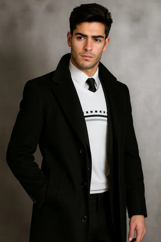 Men's Black Wool Overcoat â€“ Big & Tall Dress Topcoat in Dark Color sold by Alberto Nardoni