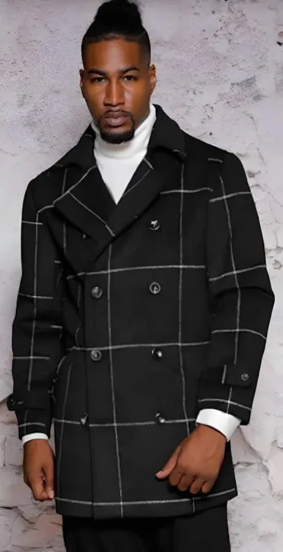Mens Black Overcoat - Mens Plaid Overcoat - Wool Peacoat - Plaid Topcoats Black sold by Alberto Nardoni
