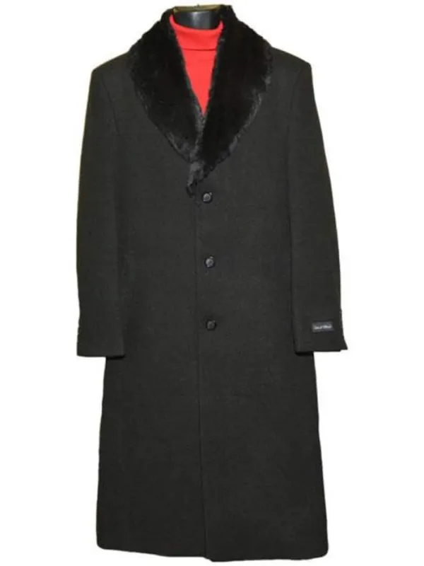 Mens Black Overcoat - Men's Fur Collar Black 3 Button Wool Ankle length Overcoat sold by Alberto Nardoni