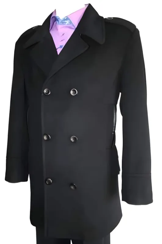 Mens Black Overcoat - Dark color black Blend Double Breasted 6 Button Designer men's Wool Peacoat Sale sold by Alberto Nardoni