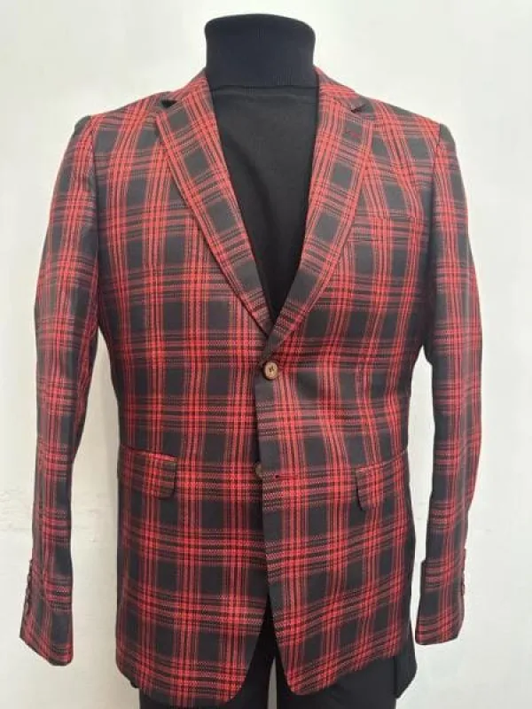 Red Tartan Blazer - Red Plaid Sport Coat - Mens Red Single Breasted Blazer sold by Alberto Nardoni